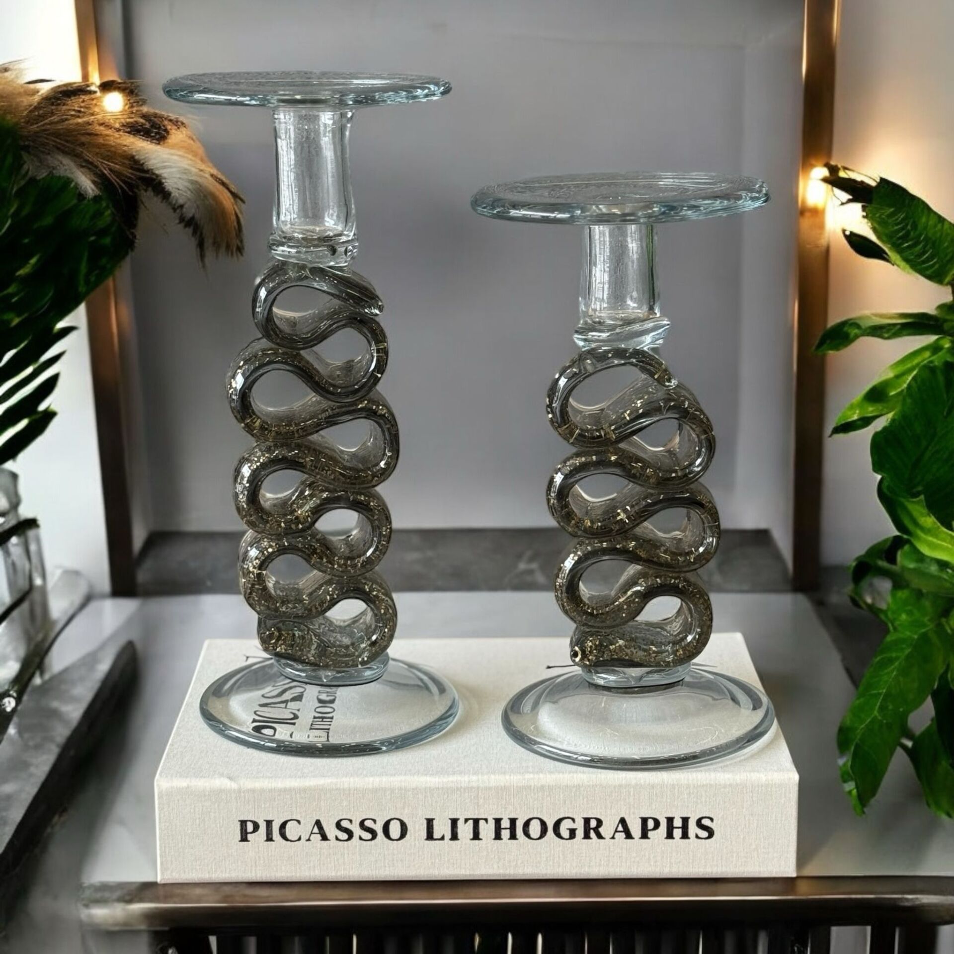 2 Li Kristal Cam Şamdan Füme & Yeşil