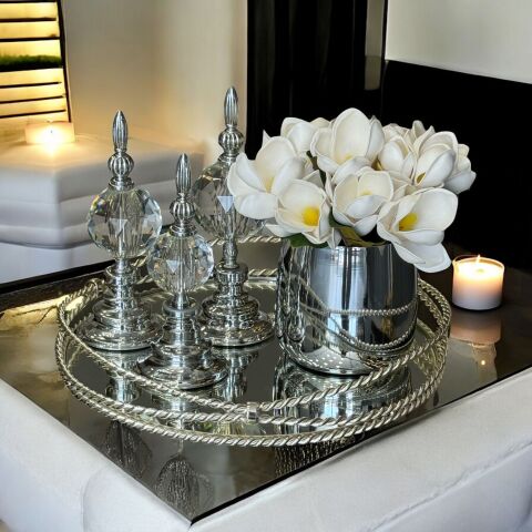 Zincir Tepsi & 3'lü Alem Dekorlu Sade & Cezve Manolya Aranjmanı 5 Parça Set Gümüş