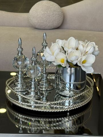 Zincir Tepsi & 3'lü Alem Dekorlu Sade & Cezve Manolya Aranjmanı 5 Parça Set Gümüş