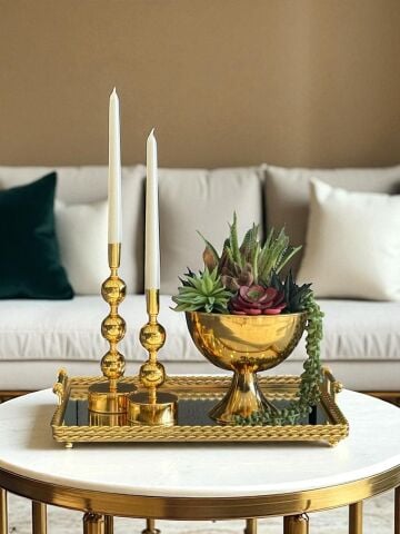 Kulplu Dikdörtgen Tepsi, Sukulent Aranjmanı & 2’li Top Şamdan Seti – Gold