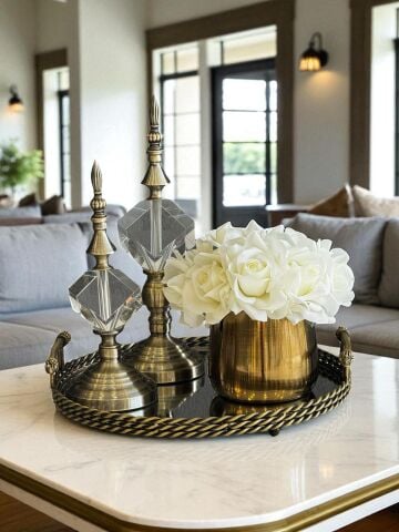 Kulplu Tepsi & 2'li Küp Küre & Cezve Islak Gül Aranjmanı 4 Parça Set Eskitme