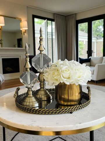 Kulplu Tepsi & 2'li Küp Küre & Cezve Islak Gül Aranjmanı 4 Parça Set Eskitme