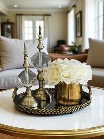 Kulplu Tepsi & 2'li Küp Küre & Cezve Islak Gül Aranjmanı 4 Parça Set Eskitme