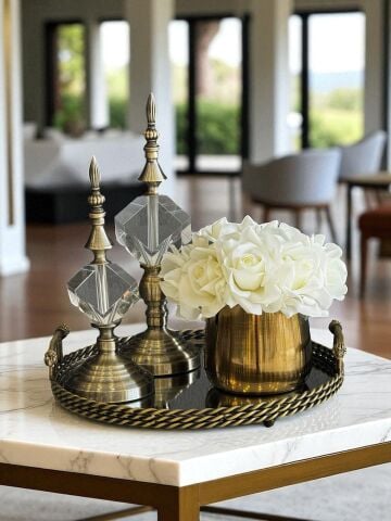 Kulplu Tepsi & 2'li Küp Küre & Cezve Islak Gül Aranjmanı 4 Parça Set Eskitme