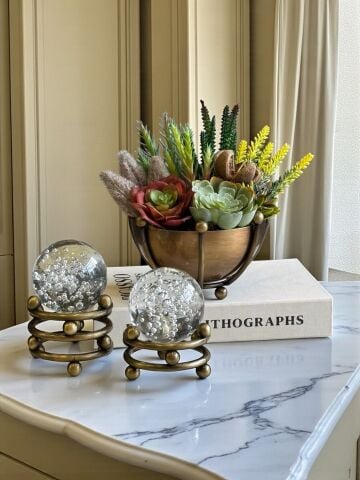 Ahtapot K. Sukulent Aranjmanı, Kitap Kutusu & 2'li Noktalı Cam Küre – Eskitme 4 Parça Set