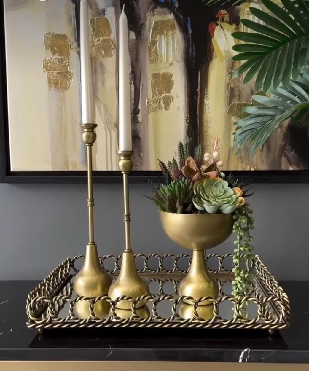 Dikdörtgen Halka Tepsi, Sukulent Aranjmanı & 2'li Armut M. Şamdan Seti + Mum / Eskitme – 4 Parça Set