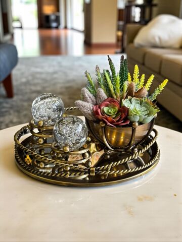 Zincir Tepsi, 2'li Noktalı Cam Küre & Ahtapot K. Sukulent Aranjmanı – 4 Parça Eskitme Set