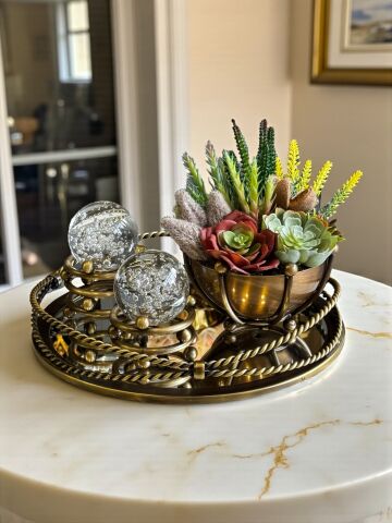 Zincir Tepsi, 2'li Noktalı Cam Küre & Ahtapot K. Sukulent Aranjmanı – 4 Parça Eskitme Set