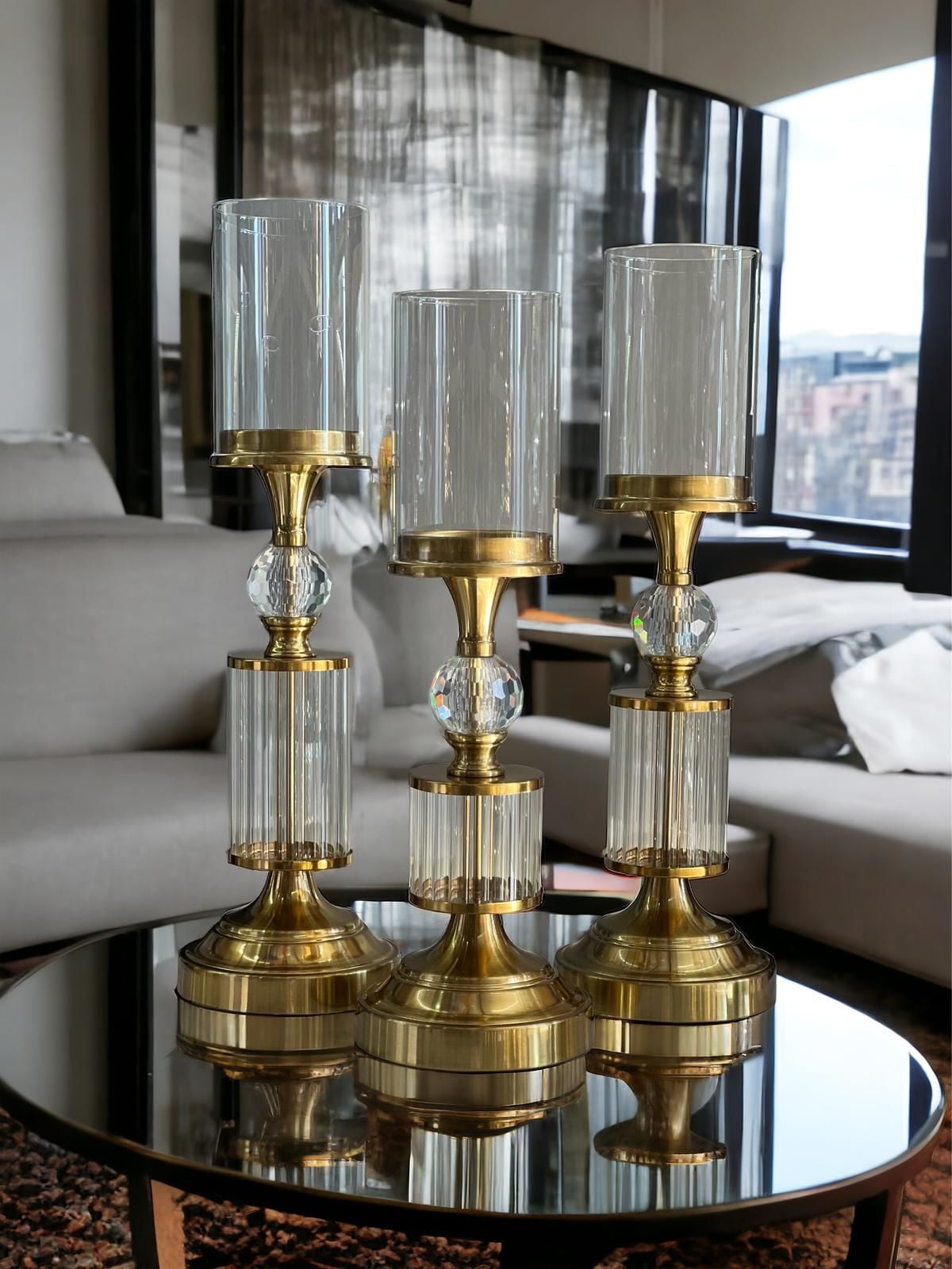 3 Lü Kristal Cam Şamdan & Mumluk Nazende