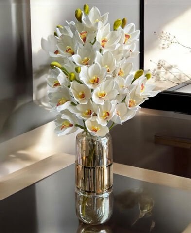 Cam Vazo Büyük Singapur Orkide Aranjmanı 5'li