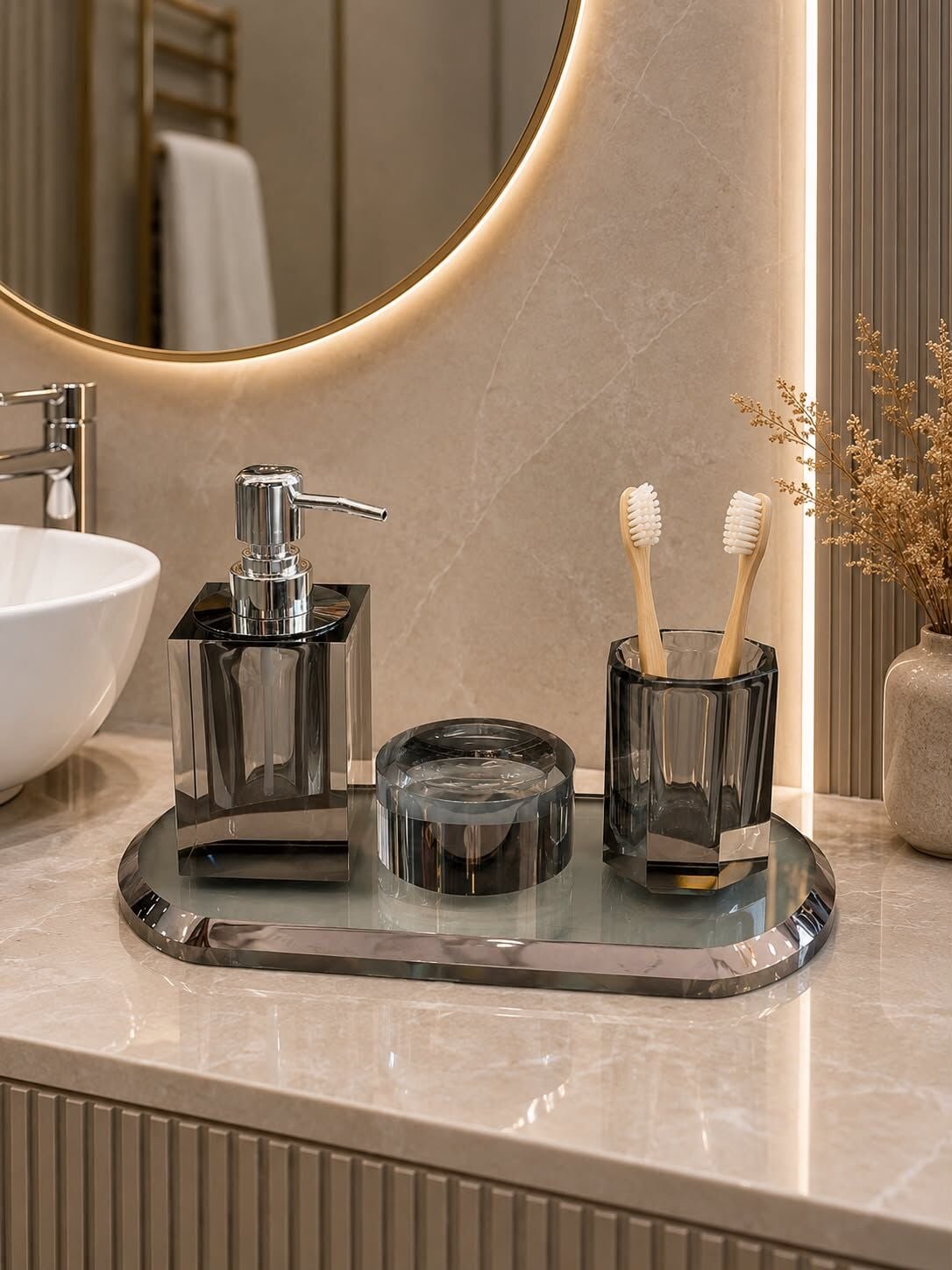 Premium Kristal Cam Banyo Seti 4’lü – Füme