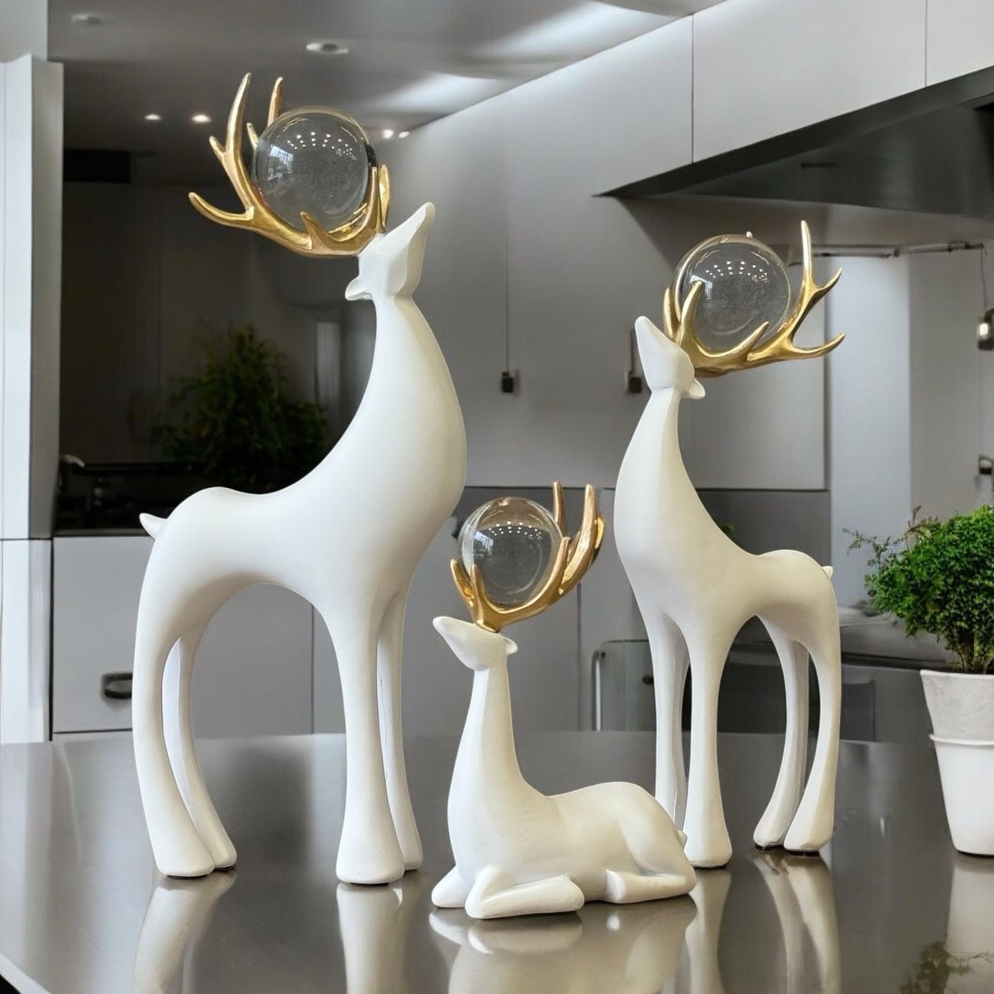 3'lü Dekoratif Geyik Aksesuar & Biblo Takımı Beyaz