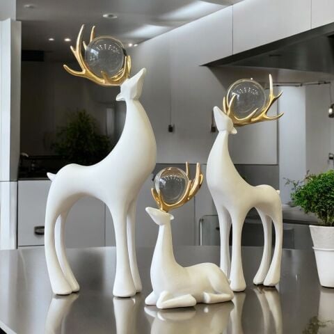 3'lü Dekoratif Geyik Aksesuar & Biblo Takımı Beyaz