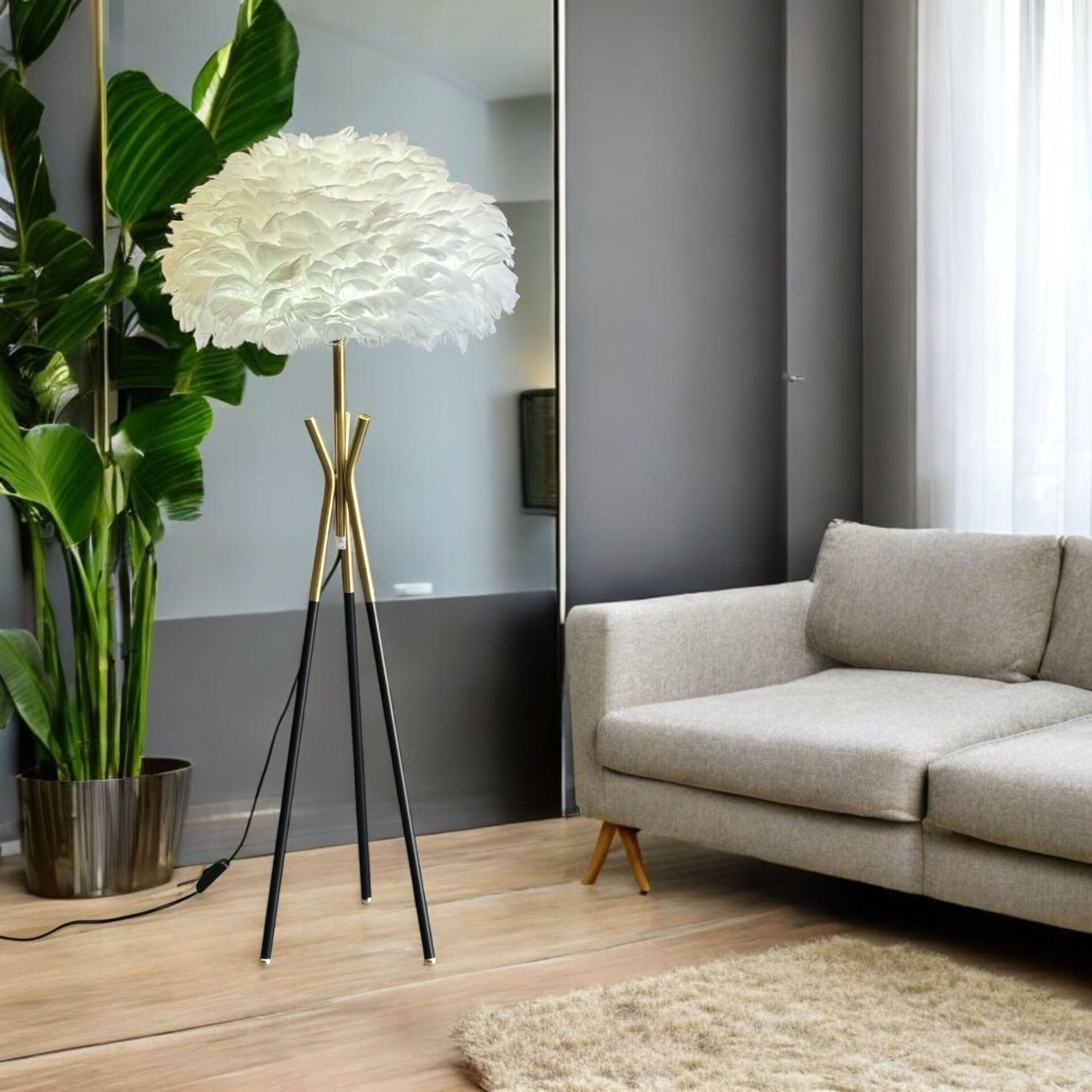 Dekoratif Tüylü Lambader Beyaz