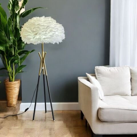 Dekoratif Tüylü Lambader Beyaz