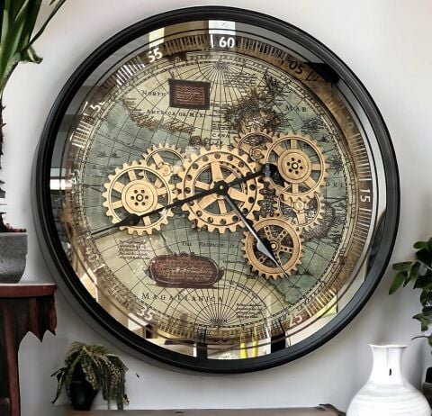 Metal Çarklı Harita Saat