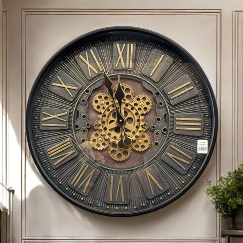 Romen Rakamlı Metal Çarklı Duvar Saati – Siyah (60cm)