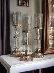 3 Lü Kristal Cam Şamdan & Mumluk Nazende Gold