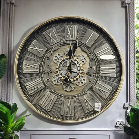 Romen Rakamlı Metal Çarklı Duvar Saati – Eskitme (60cm)