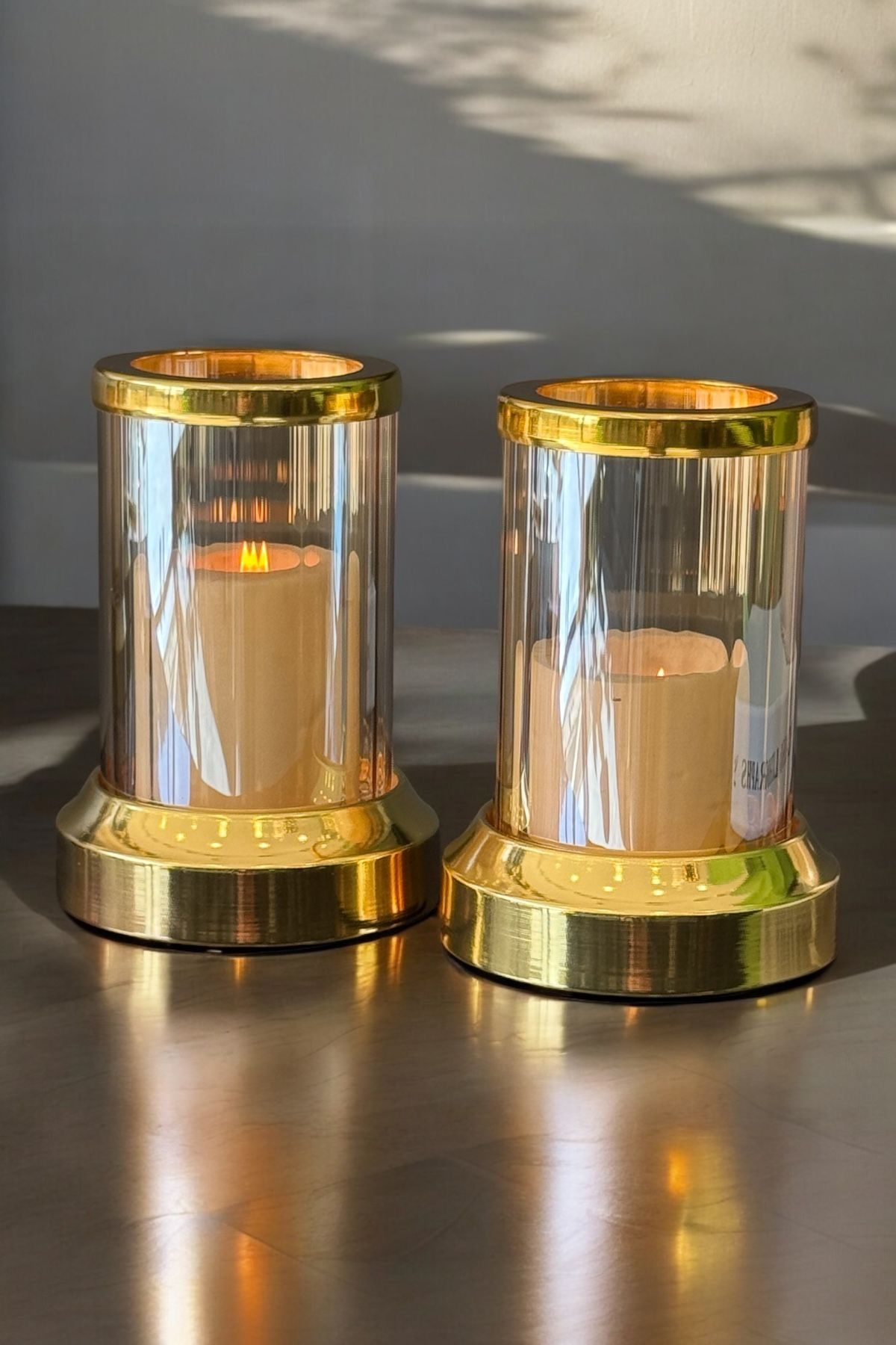 Dekoratif 2 Li Kristal Şamdan & Mumluk Gold