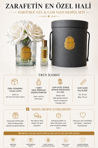 Premium 6'Lı Islak Dokulu Gül Aranjmanı & Çiçeksi Parfüm Hediye Seti – Beyaz / Eskitme