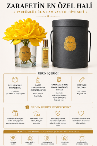 Premium 6'lı Islak Dokulu Gül Aranjmanı & Çiçeksi Parfüm Hediye Seti – Sarı / Eskitme