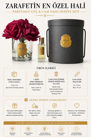 Premium 6'lı Islak Dokulu Gül Aranjmanı & Çiçeksi Parfüm Hediye Seti – Bordo / Eskitme
