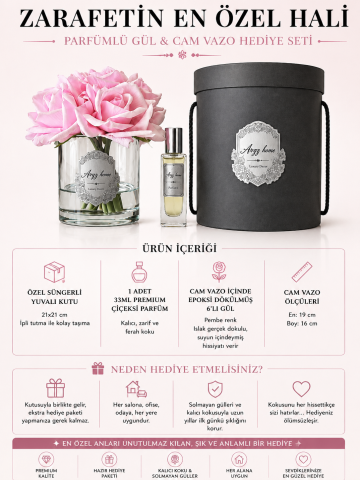 Premium 6'Lı Islak Dokulu Gül Aranjmanı & Çiçeksi Parfüm Hediye Seti – Pembe / Gümüş