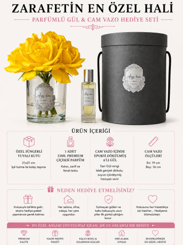 Premium 6'Lı Islak Dokulu Gül Aranjmanı & Çiçeksi Parfüm Hediye Seti – Sarı / Gümüş