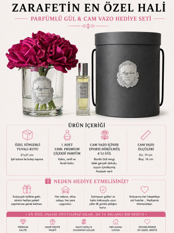 Premium 6'Lı Islak Dokulu Gül Aranjmanı & Çiçeksi Parfüm Hediye Seti – Bordo / Gümüş