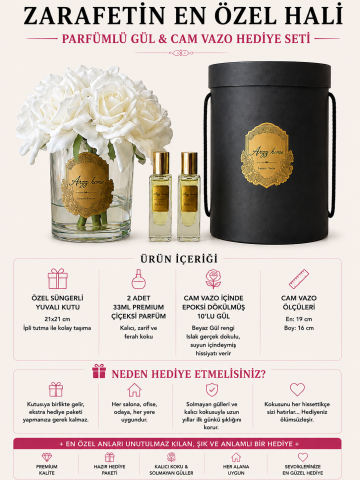 Premium 10'lu Islak Dokulu Gül Aranjmanı & Çiçeksi Parfüm Hediye Seti – Beyaz / Eskitme