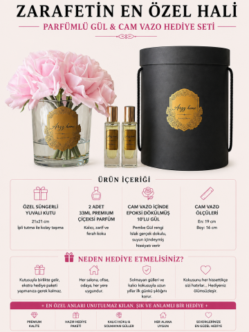 Premium 10'lu Islak Dokulu Gül Aranjmanı & Çiçeksi Parfüm Hediye Seti – Pembe / Eskitme