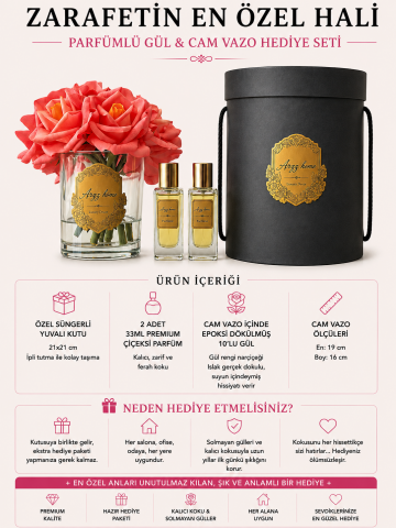 Premium 10'lu Islak Dokulu Gül Aranjmanı & Çiçeksi Parfüm Hediye Seti – Narçiçeği / Eskitme