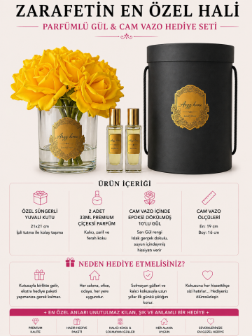 Premium 10'lu Islak Dokulu Gül Aranjmanı & Çiçeksi Parfüm Hediye Seti – Sarı / Eskitme