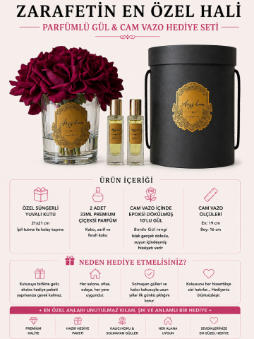 Premium 10'lu Islak Dokulu Gül Aranjmanı & Çiçeksi Parfüm Hediye Seti – Bordo / Eskitme