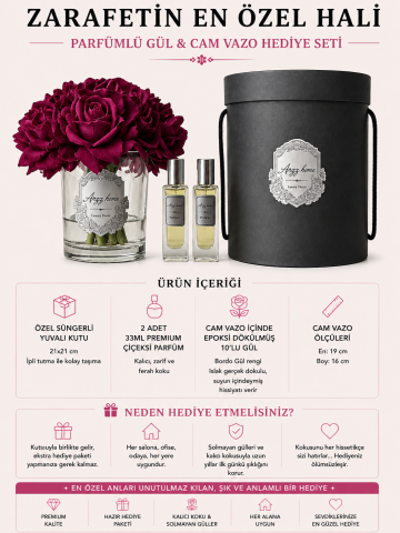 Premium 10'lu Islak Dokulu Gül Aranjmanı & Çiçeksi Parfüm Hediye Seti – Bordo / Gümüş