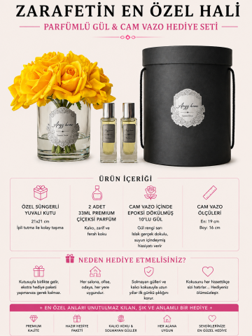 Premium 10'lu Islak Dokulu Gül Aranjmanı & Çiçeksi Parfüm Hediye Seti – Sarı / Gümüş