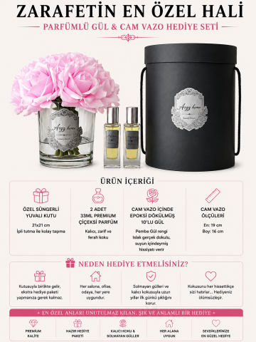 Premium 10'lu Islak Dokulu Gül Aranjmanı & Çiçeksi Parfüm Hediye Seti – Pembe / Gümüş