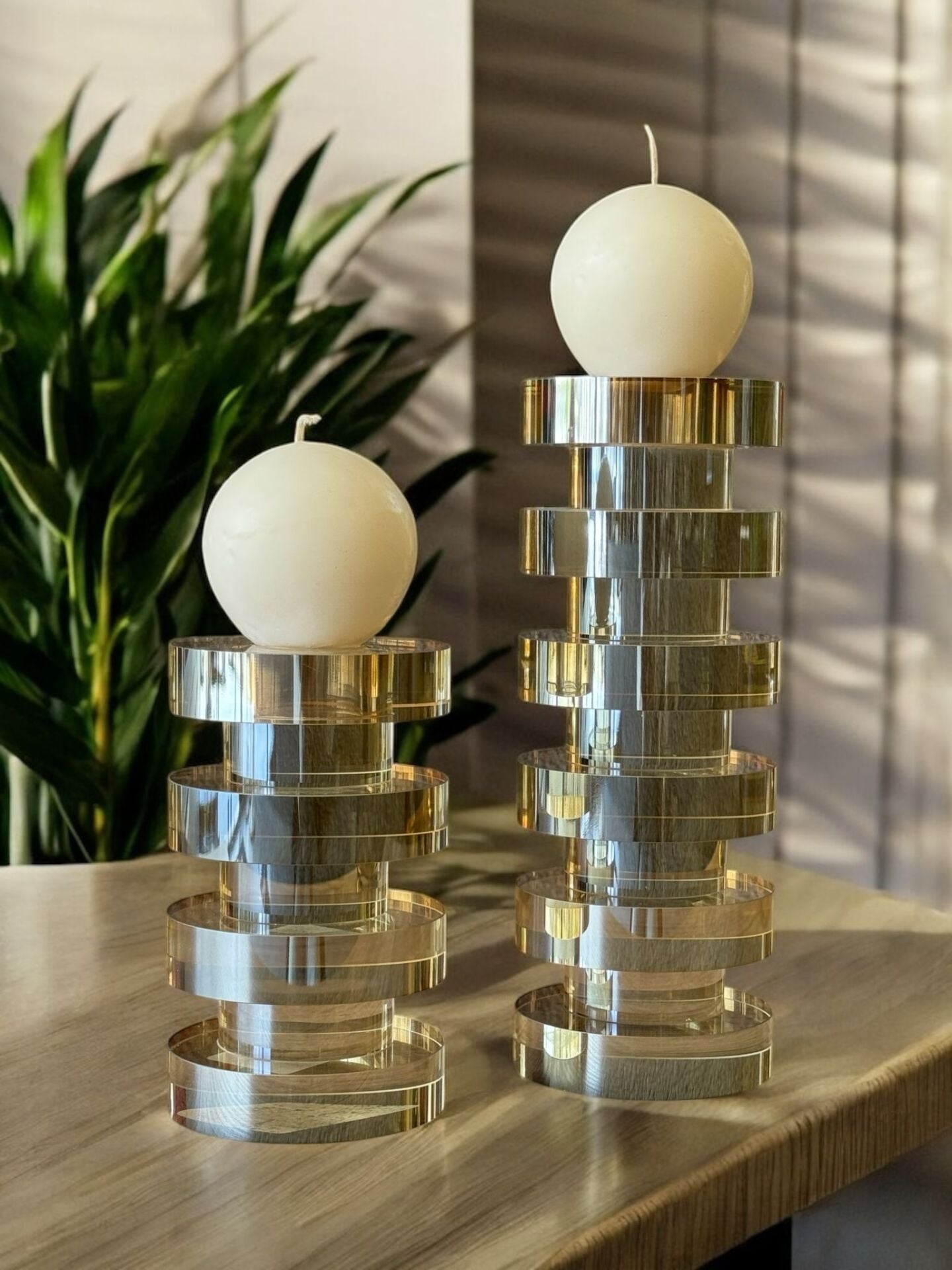 2'li Katlı Kristal Silindir Cam Mumluk Amber & Mum