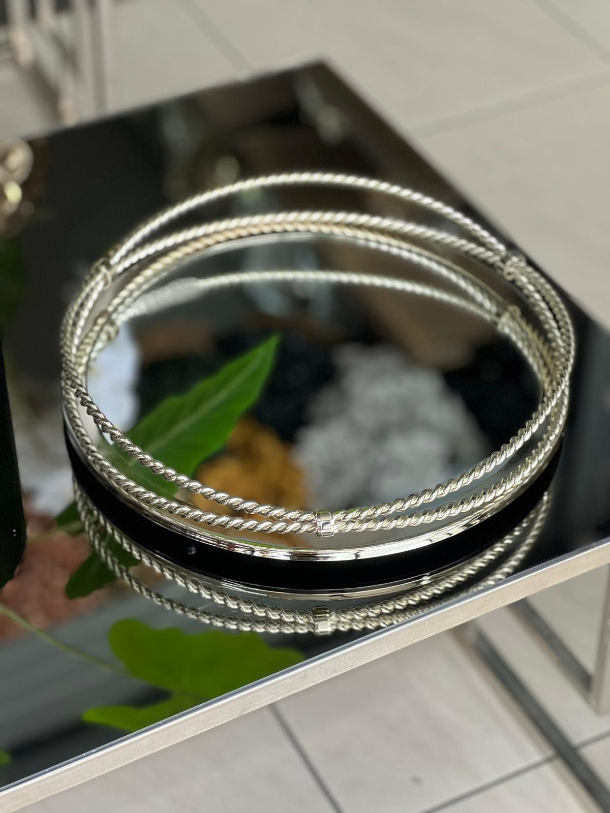 Zincir Aynalı Metal Cam Tepsi Gümüş