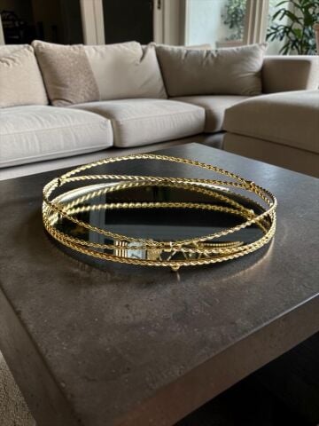 Zincir Aynalı Metal Cam Tepsi 36cm Gold
