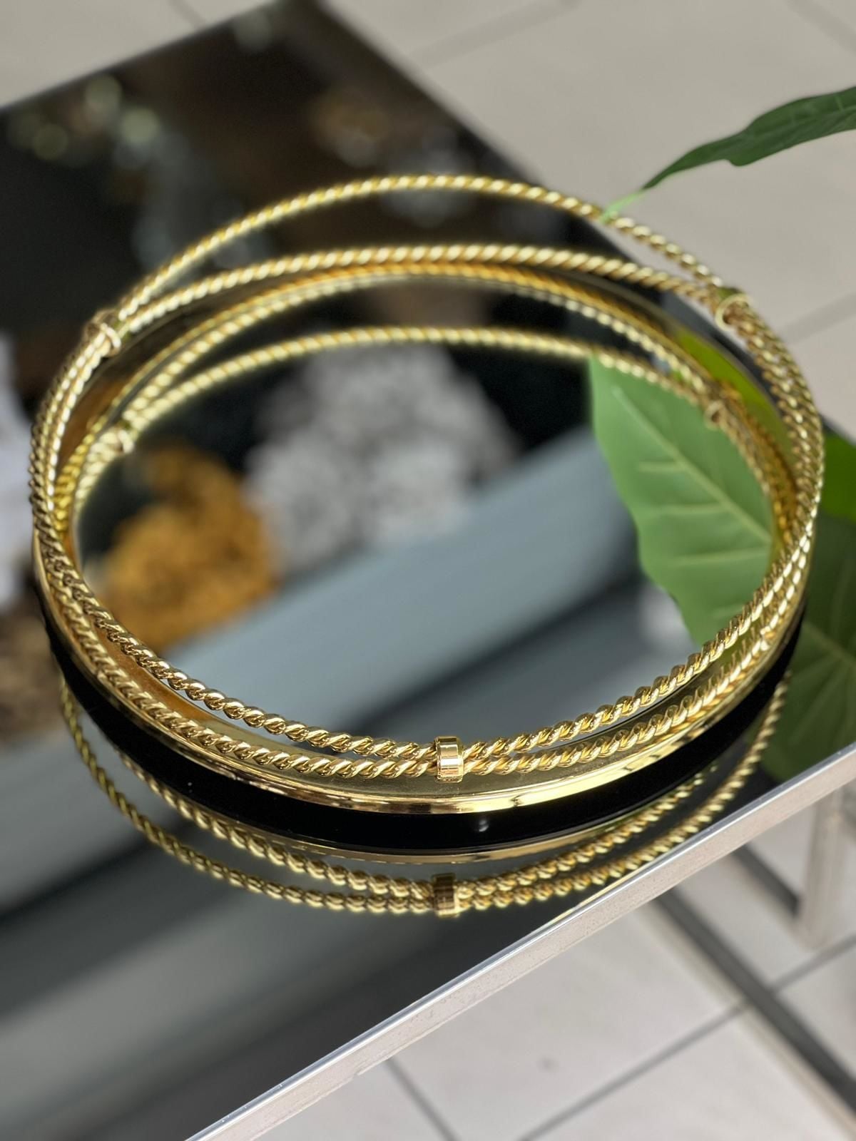 Zincir Aynalı Metal Cam Tepsi Gold