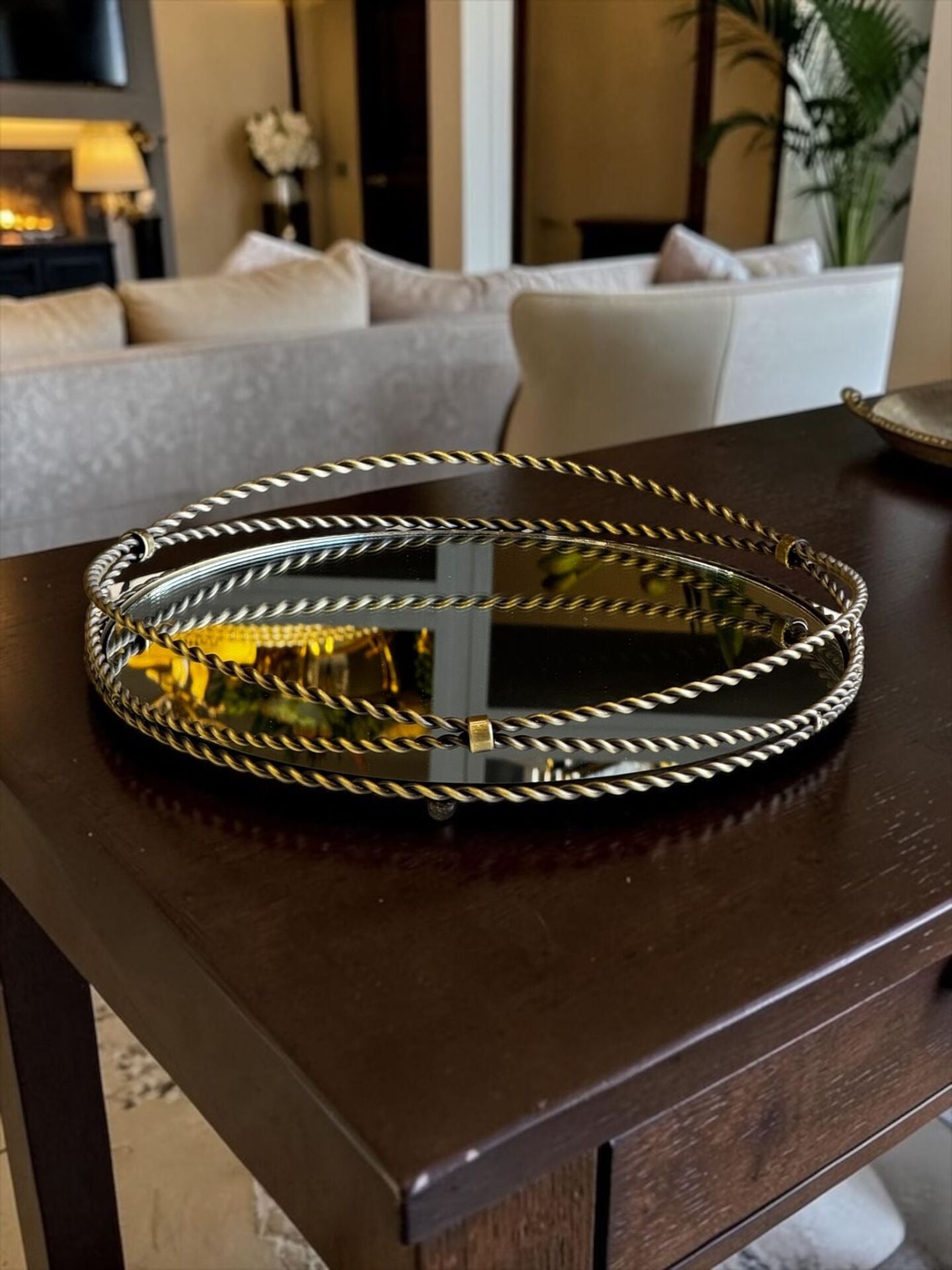 Zincir Aynalı Metal Cam Tepsi 36cm Eskitme