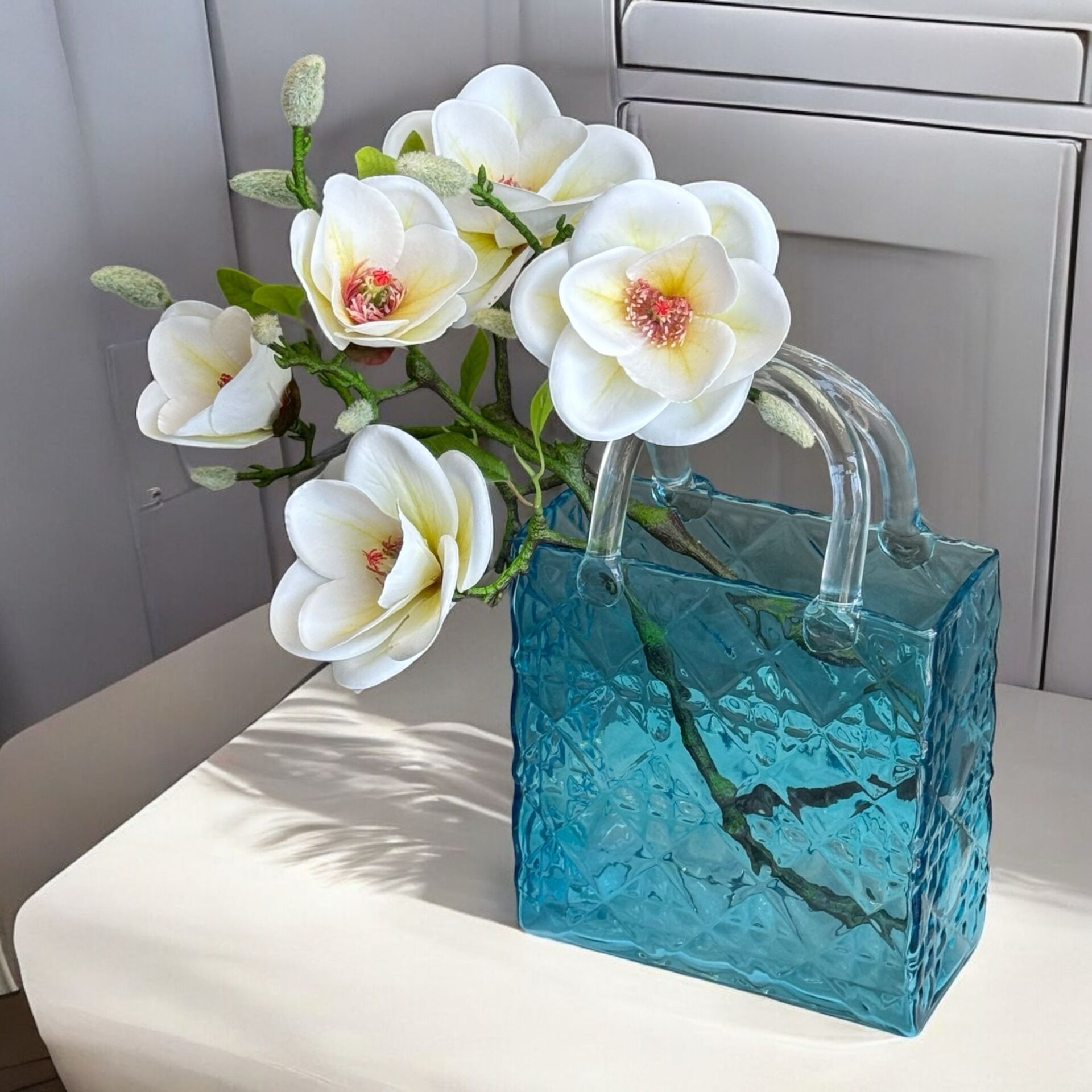 Dekoratif Cam Çanta Kare – Renkli Cam Vazo Serisi Mavi