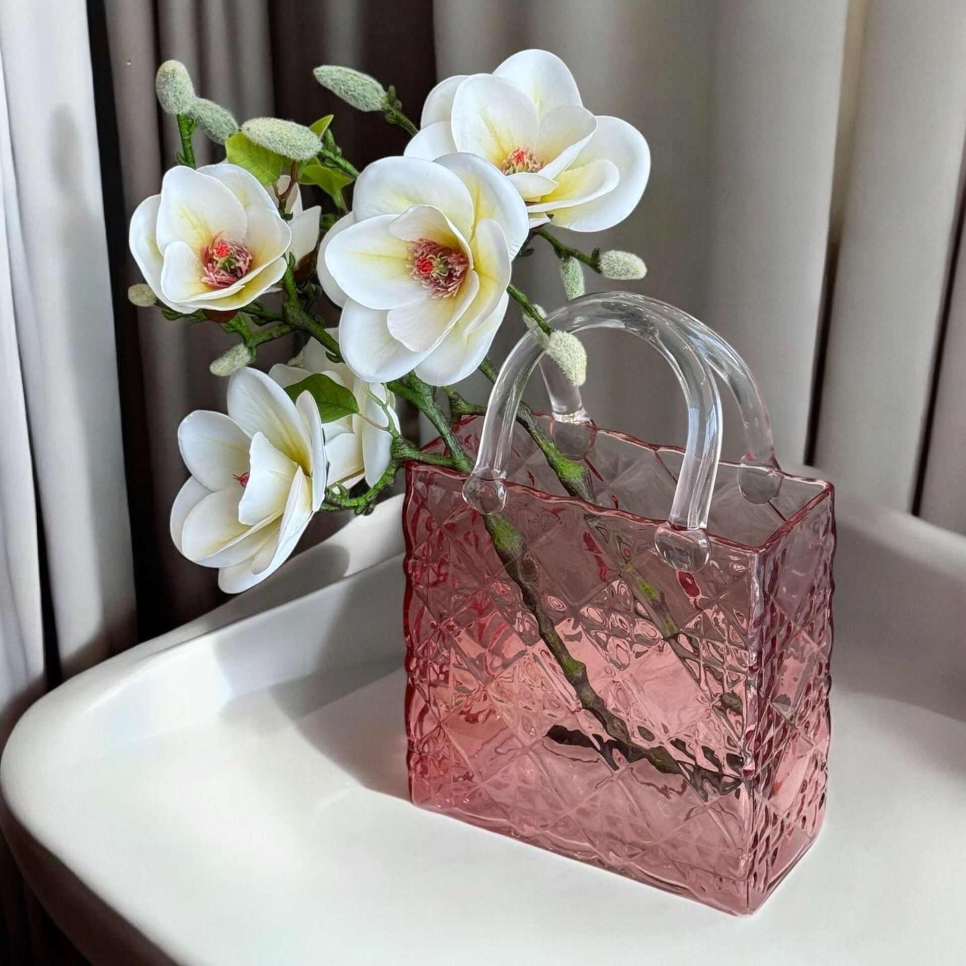 Dekoratif Cam Çanta Kare – Renkli Cam Vazo Serisi Pembe