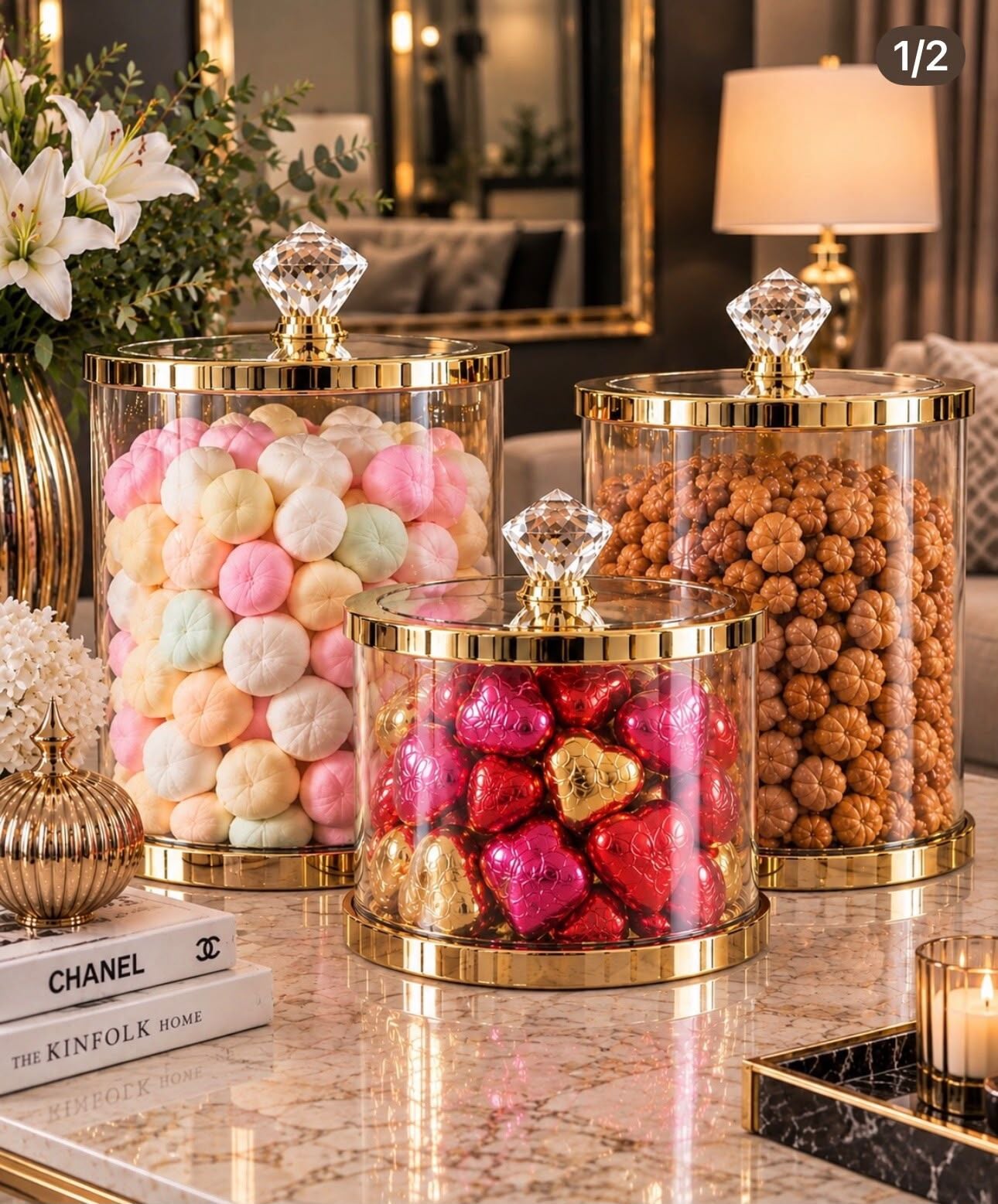 3'lü Premium Büyük Kristal Kapaklı Kavanoz Seti – Gold