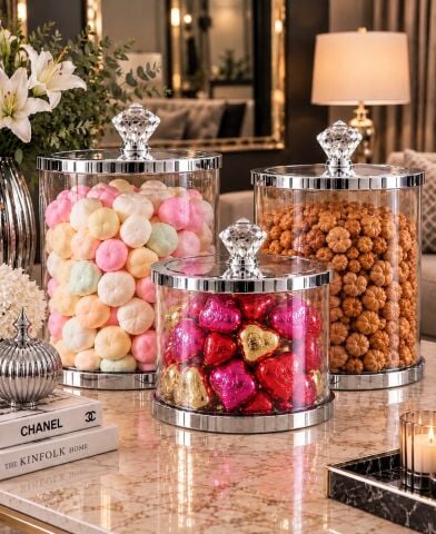 3'lü Premium Büyük Kristal Kapaklı Kavanoz Seti – Gümüş