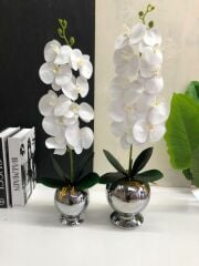 Yapay Islak Orkideli Metal Saksı & Vazo