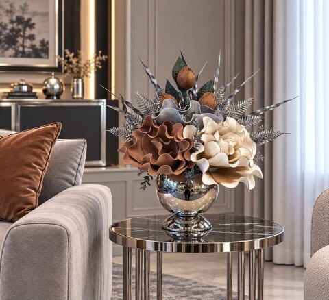 Küre Saksı Çiçek Aranjmanı Premium 4'lü Beyaz, Gri, Tarçın / Gümüş