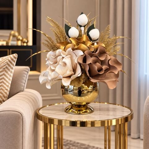Küre Saksı Çiçek Aranjmanı Premium 4'lü Gold, Beyaz, Tarçın / Gold
